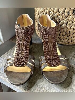 Nine West Brown and Gold Metallic Beaded Sandals